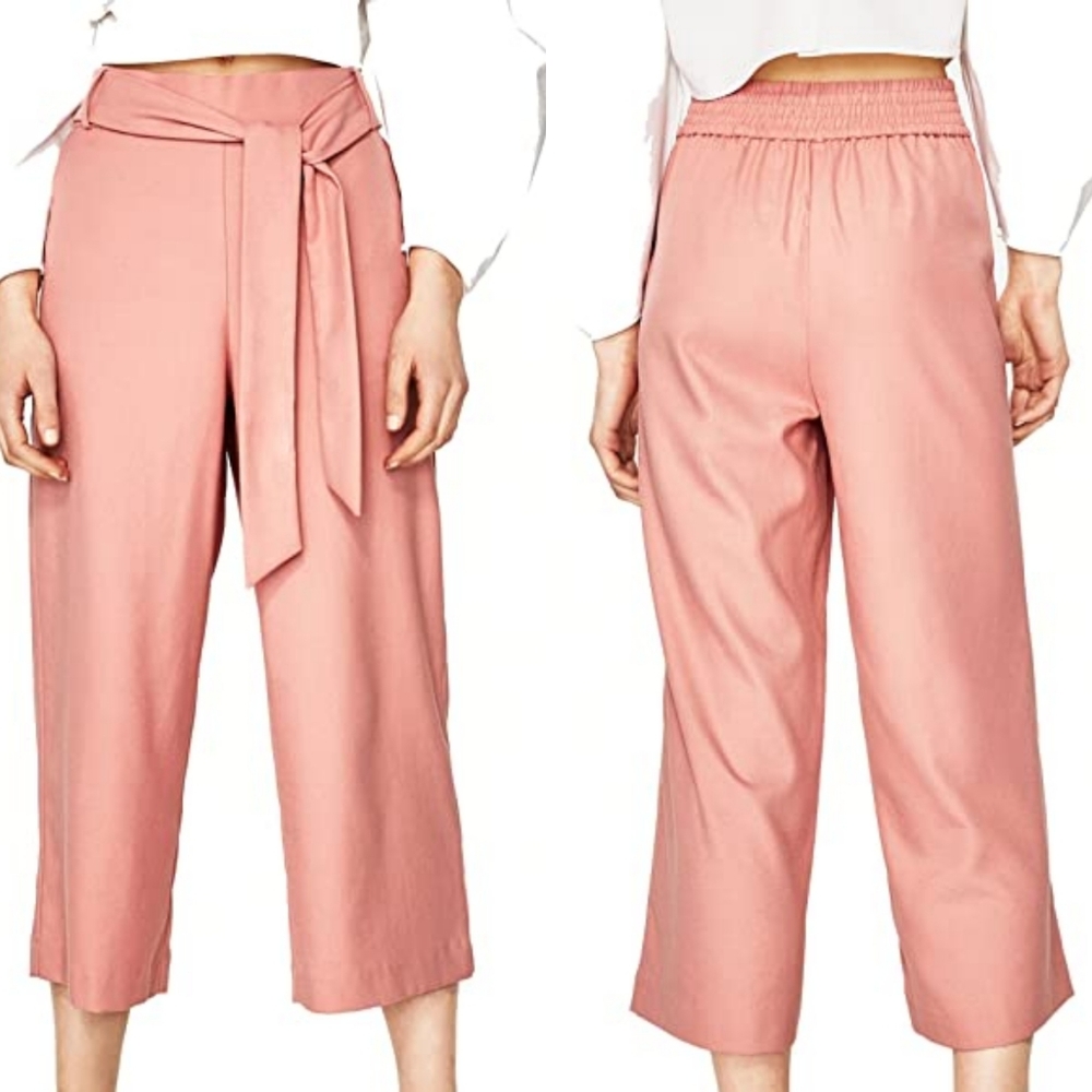 ZARA Cropped Trousers With Belt In Pink M.